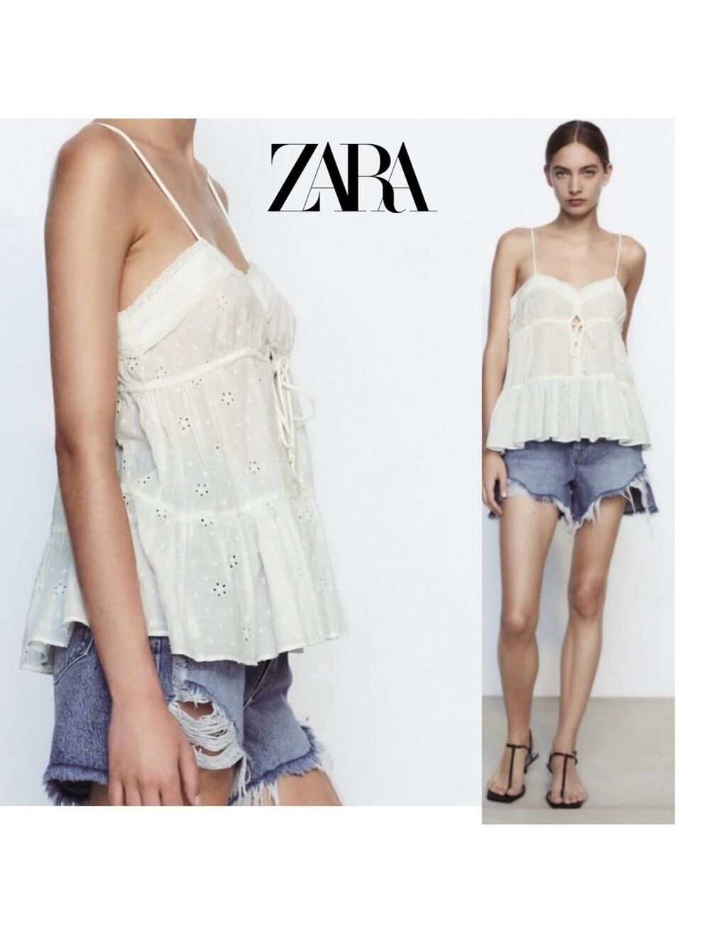 Zara White Lace Eyelet Babydoll Top Blouse Spaghetti Strap Sz L NWOT bohemian